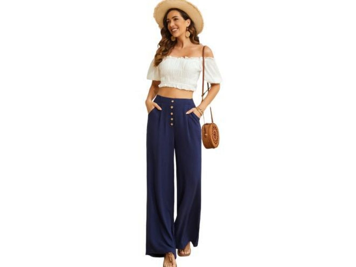 Pantalones De Algodón Fluir Lino Para Mujer, Cintura Alta, Pernera Ancha, Estilo Casual Veraniego Con Bolsillos.