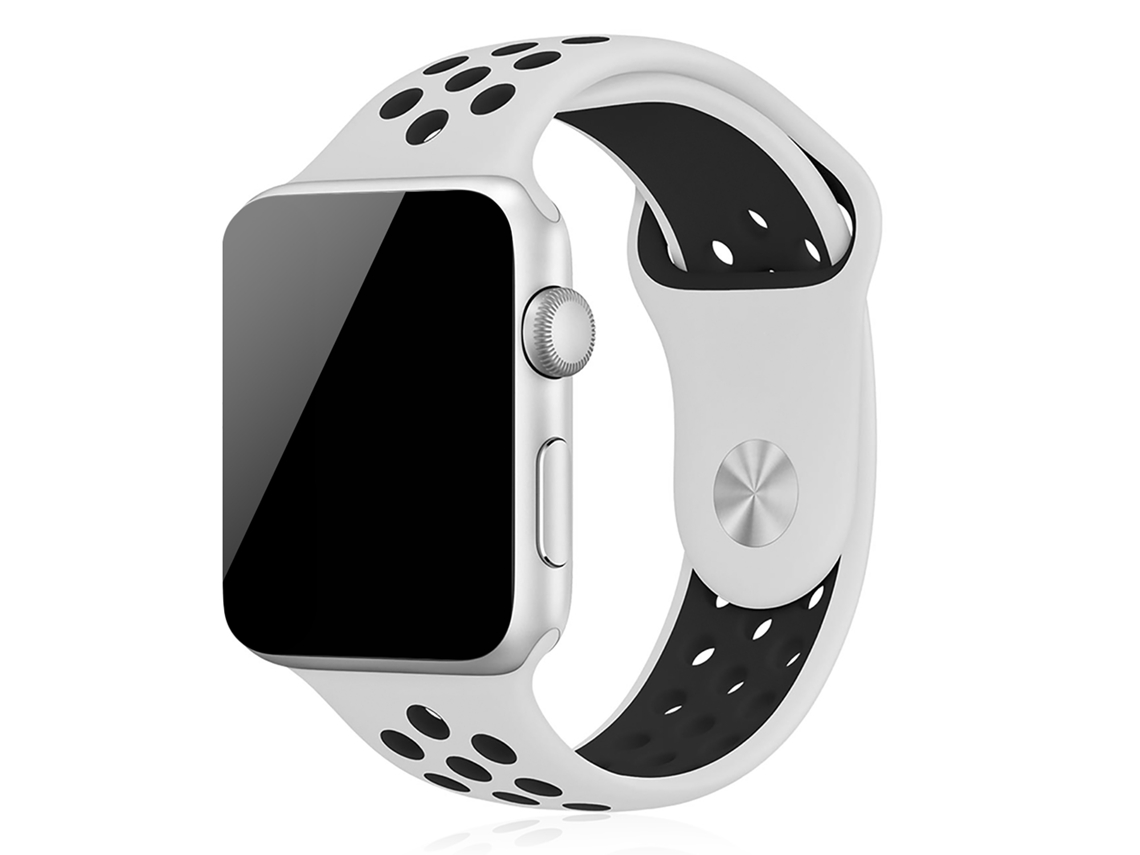 Correa deportiva de silicona compatible con Apple Watch de 42/44/45/49 mm. Talla S/M. 20 x 2 cm. Color blanco.