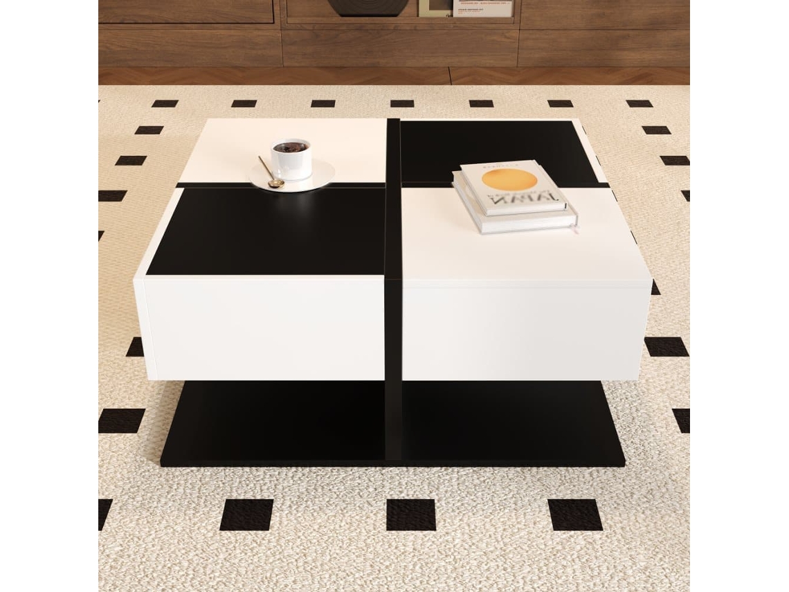 Mesa De Centro Cuadrada 70x70x35,5 Cm - 2 Cajones, Con Almacenamiento, Diseño Elegante - Negro Y Blanco