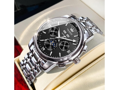 VEANXIN Reloj mecánico automático para hombre, fase lunar, acero inoxidable, resistente al agua, luminoso, calendario(negro)