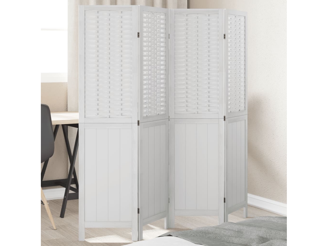 Biombo Separador De 4 Paneles Madera Maciza Paulownia Blanco