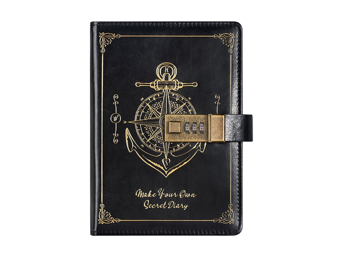 Diario retro con cerradura de combinación, cuaderno de cuero sintético, regalo de cumpleaños, negro/112 hojas Gertiz
