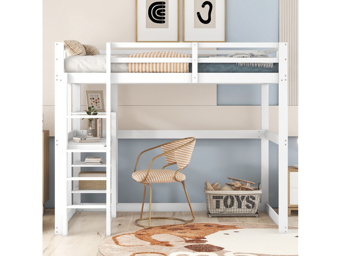 Litera infantil con almacenaje, fabricada íntegramente en pino, con 4 compartimentos de almacenaje y tablero tipo escritorio.