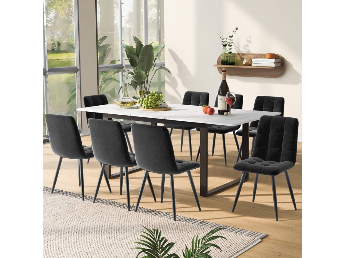 Juego de mesa de comedor de 140/180×80×75 cm con 8 sillas, mesa de MDF blanca, patas negras, sillas de terciopelo gris.