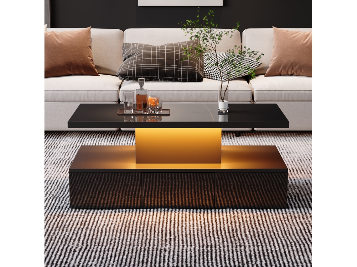Mesa de centro con 2 niveles de luz LED multicolor, diseño moderno con cajón de almacenamiento y estante abierto, estilo negro