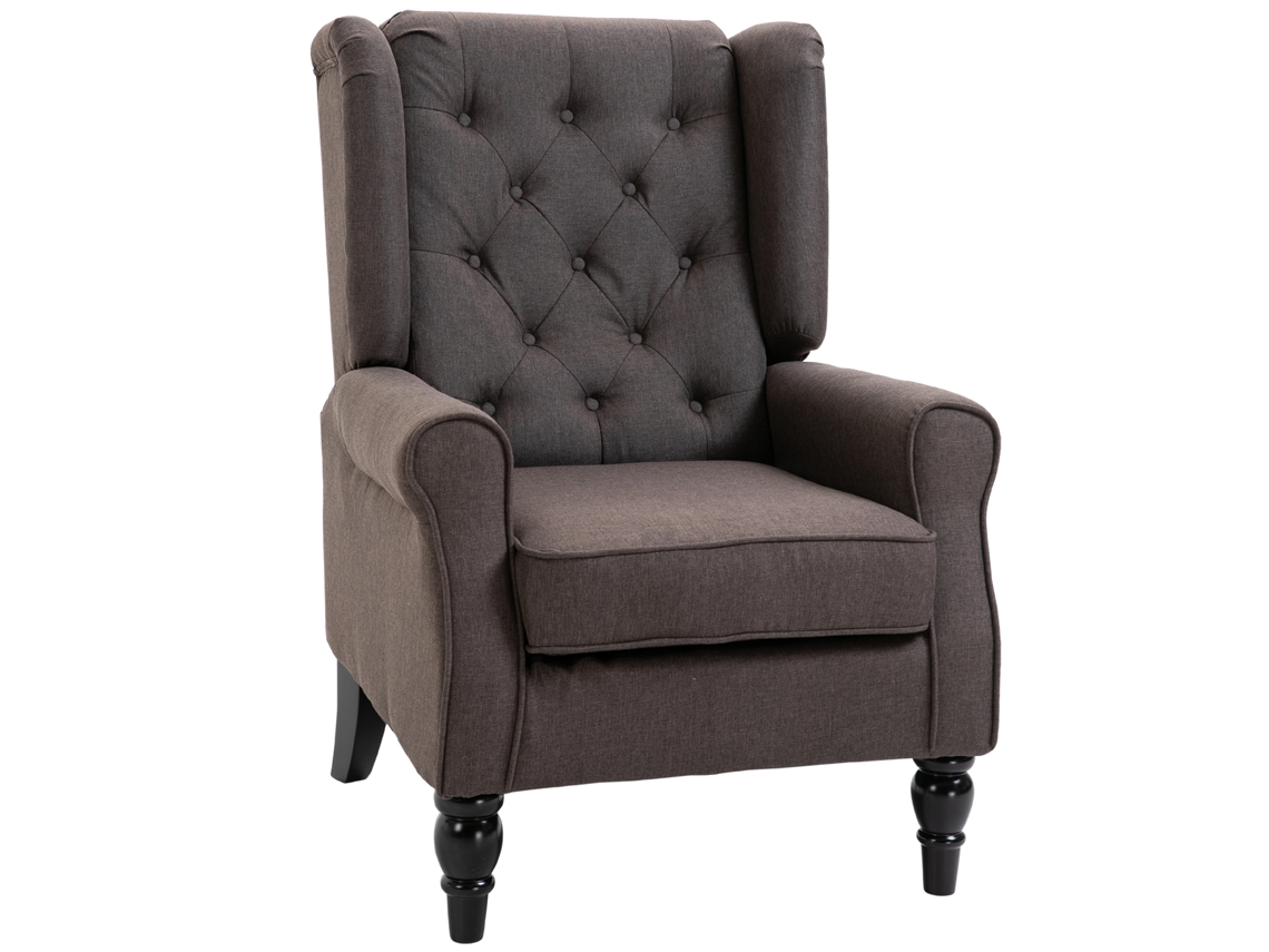 Sillón clásico marrón con alas, reposabrazos, cojines extraíbles, respaldo alto y patas de madera para salón y dormitorio.