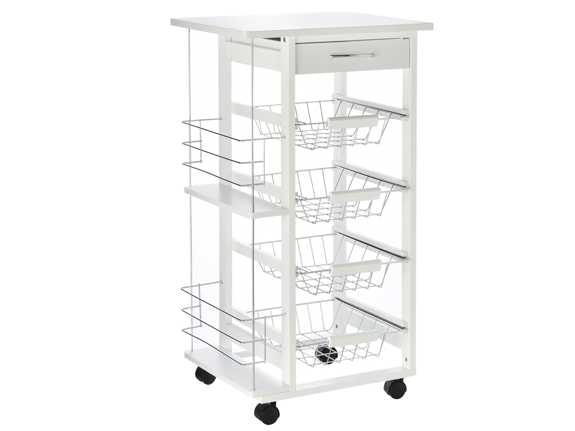 Carrito de cocina Vista con cajón, 4 cestas y estantes laterales, 47x37x83cm, blanco