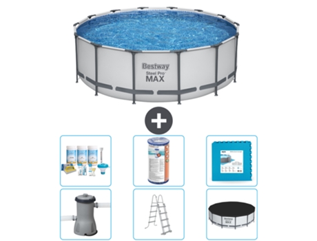 Piscina BESTWAY Round Steel Pro MAX - 427 x 122 cm gris - Incluida bomba - Escalera - Cobertor Paquete de mantenimiento - Filtrar - Baldosas