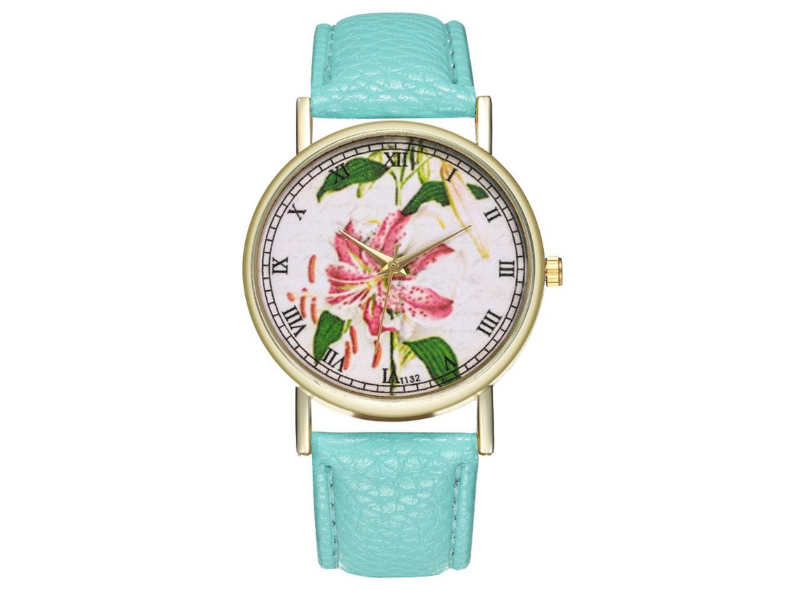 Reloj De Pulsera Analógico De Cuarzo Unisex Con Correa De Pu Con Estampado Floral (menta)