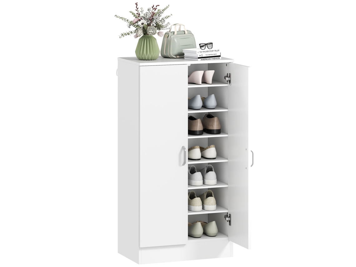 Zapatero Blanco De Dos Puertas Para Pasillo, Con Capacidad Para 14 Pares.