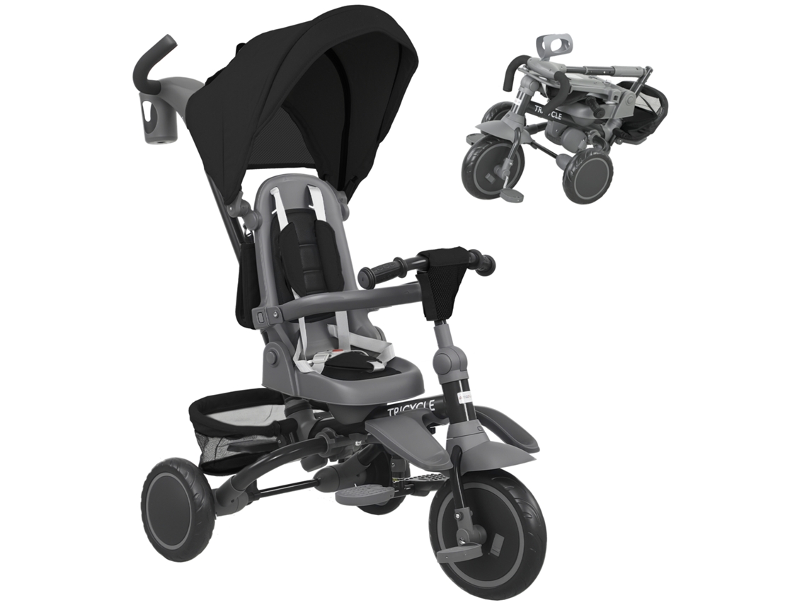 Triciclo plegable 6 en 1 con asiento giratorio de 360°, modelo Mango Parental, respaldo reclinable, capota, 111,5 x 52 x 98 cm, negro.