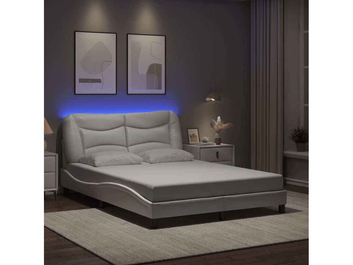 Estructura Cama Con Luces Led Cuero Sintético Blanco 140x200 Cm
