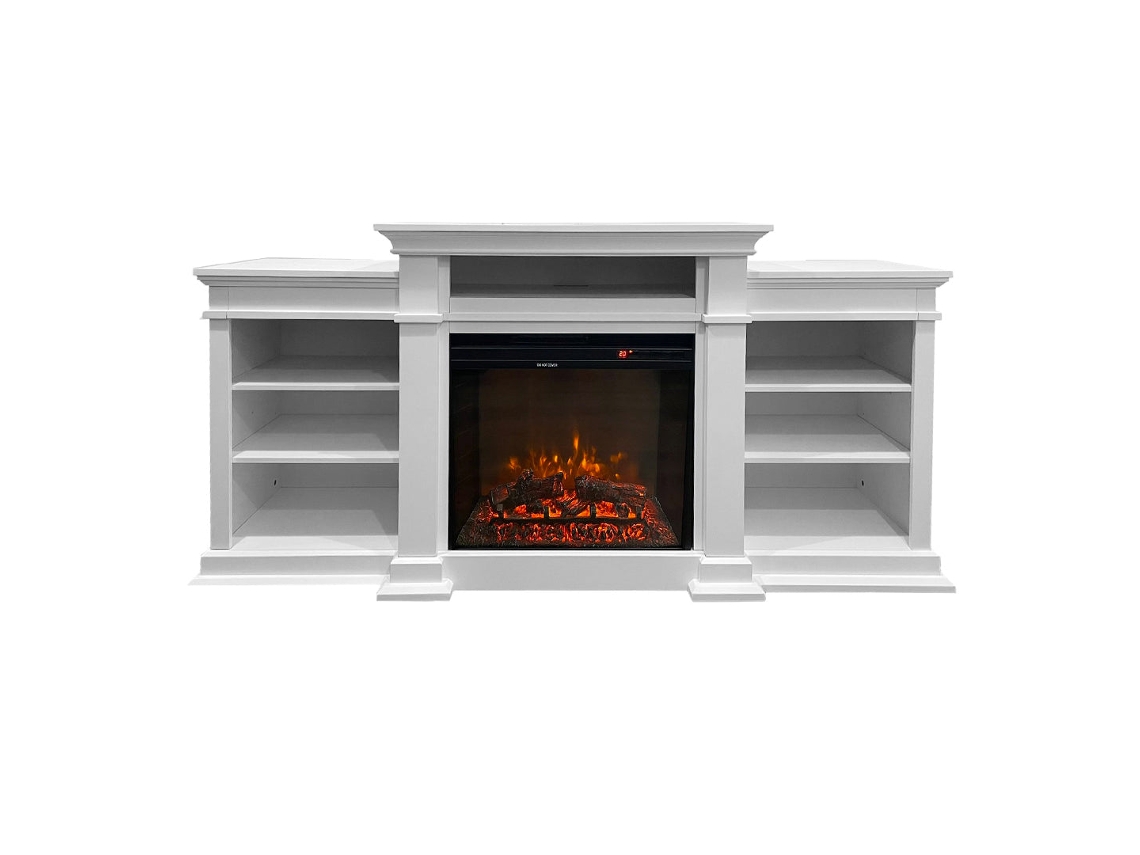 Chimenea eléctrica de pie Biden en madera blanca, con unas dimensiones de 179 x 48 x 85 cm (largo x profundidad x alto).