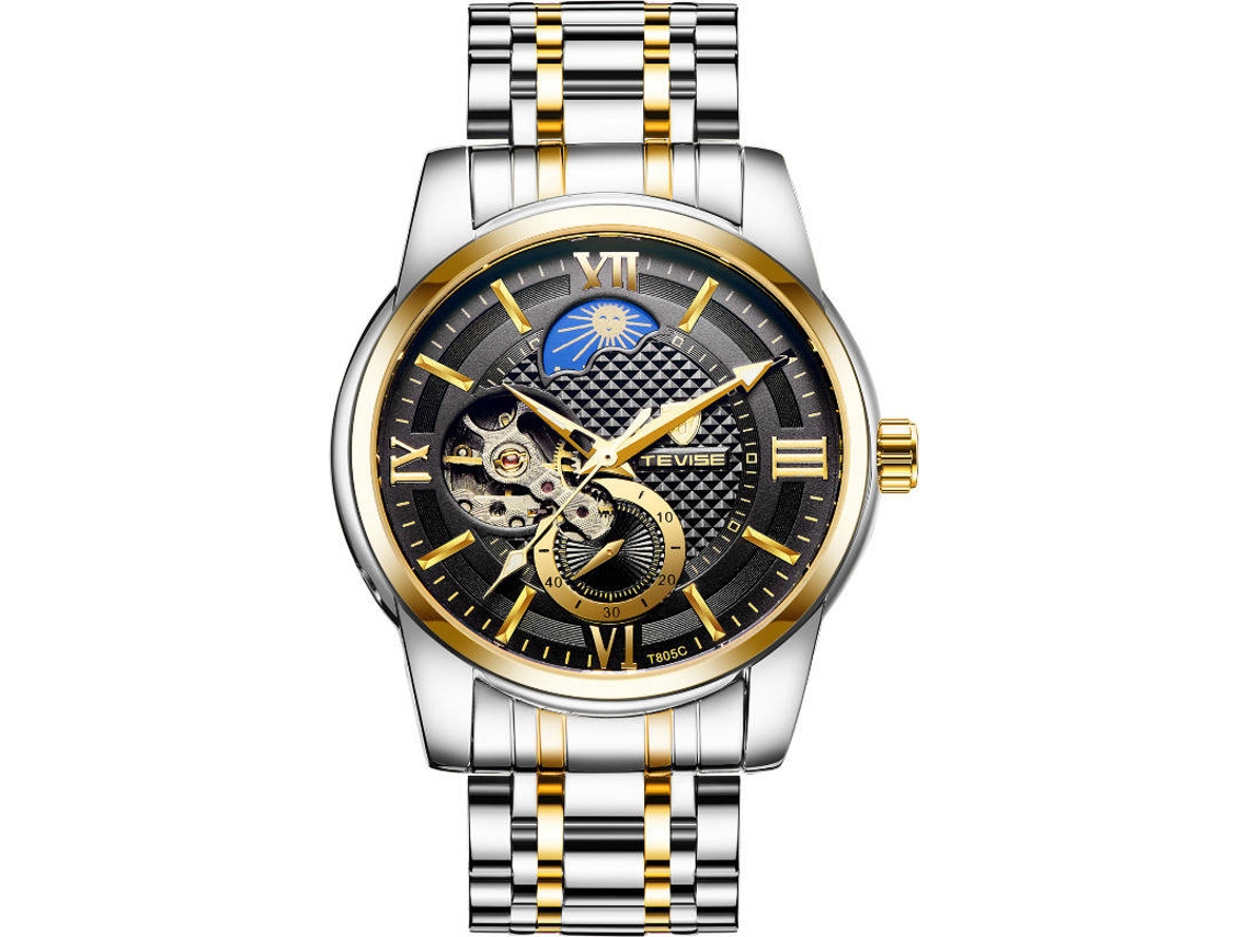 Reloj TEVISE Esfera Negra Hombre Acero inoxidable Plateado y