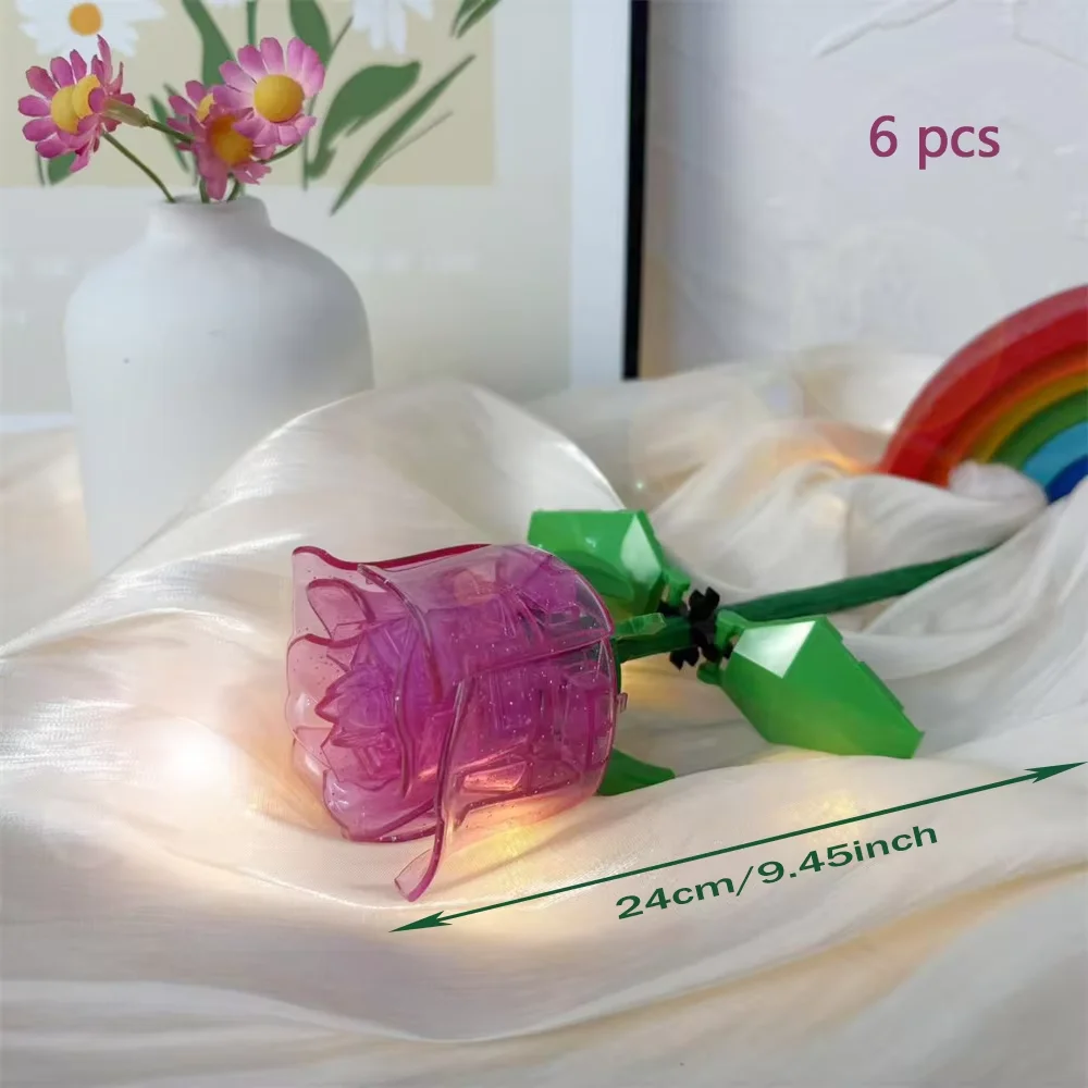 (6 Rosas) Ramo de rosas 3D, bloques de construcción, regalo, decoración del hogar, juguete infantil con caja