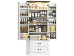 Aparador Alto De Cocina, Mueble De Cocina, Iluminación Led Con Sensor, 2 Puertas, Cajones Y Estantes Ajustables, 76 X 39,5 X 183 Cm, Blanco
