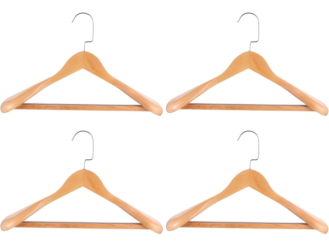 Juego 4 Perchas Madera Natural Trajes Abrigos Anchas Maciza Mujer Gancho Acero Inoxidable Protección Marcas