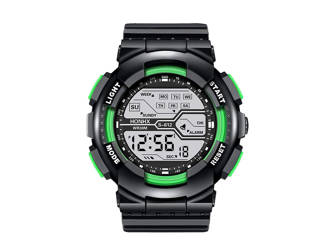 Reloj digital LED con 4 botones, resistente a salpicaduras.