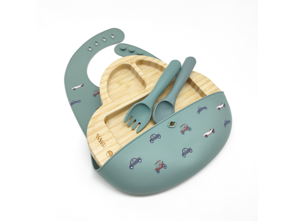 Juego De Vajilla Infantil De 4 Piezas, Plato De Bambú. Verde Militar Czhhmart