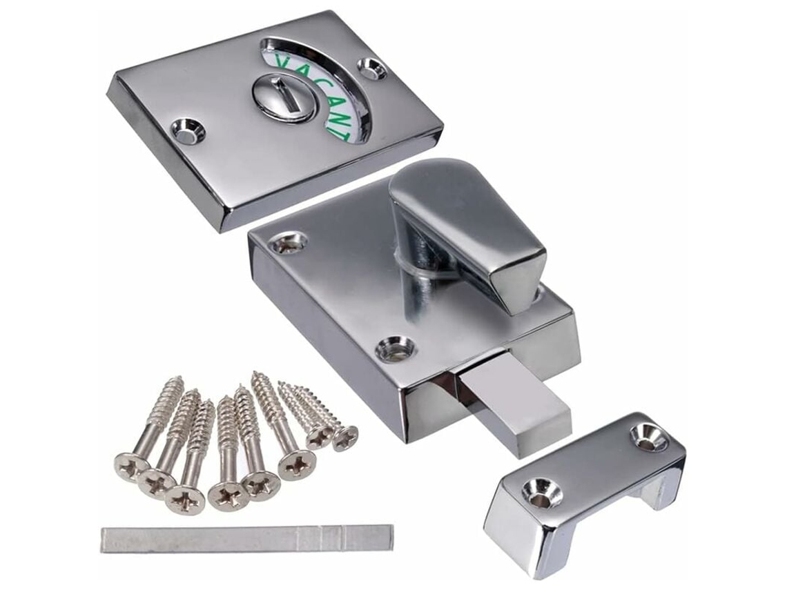 Cerradura de privacidad para puerta de baño con montaje en superficie y acero inoxidable antioxidante, material metálico duradero para baños públicos.