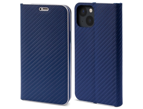Funda tipo cartera MOOZY para iPhone 13 Mini en carbono azul oscuro - Funda tipo flip con diseño de borde metálico y cierre magnético con soporte p...