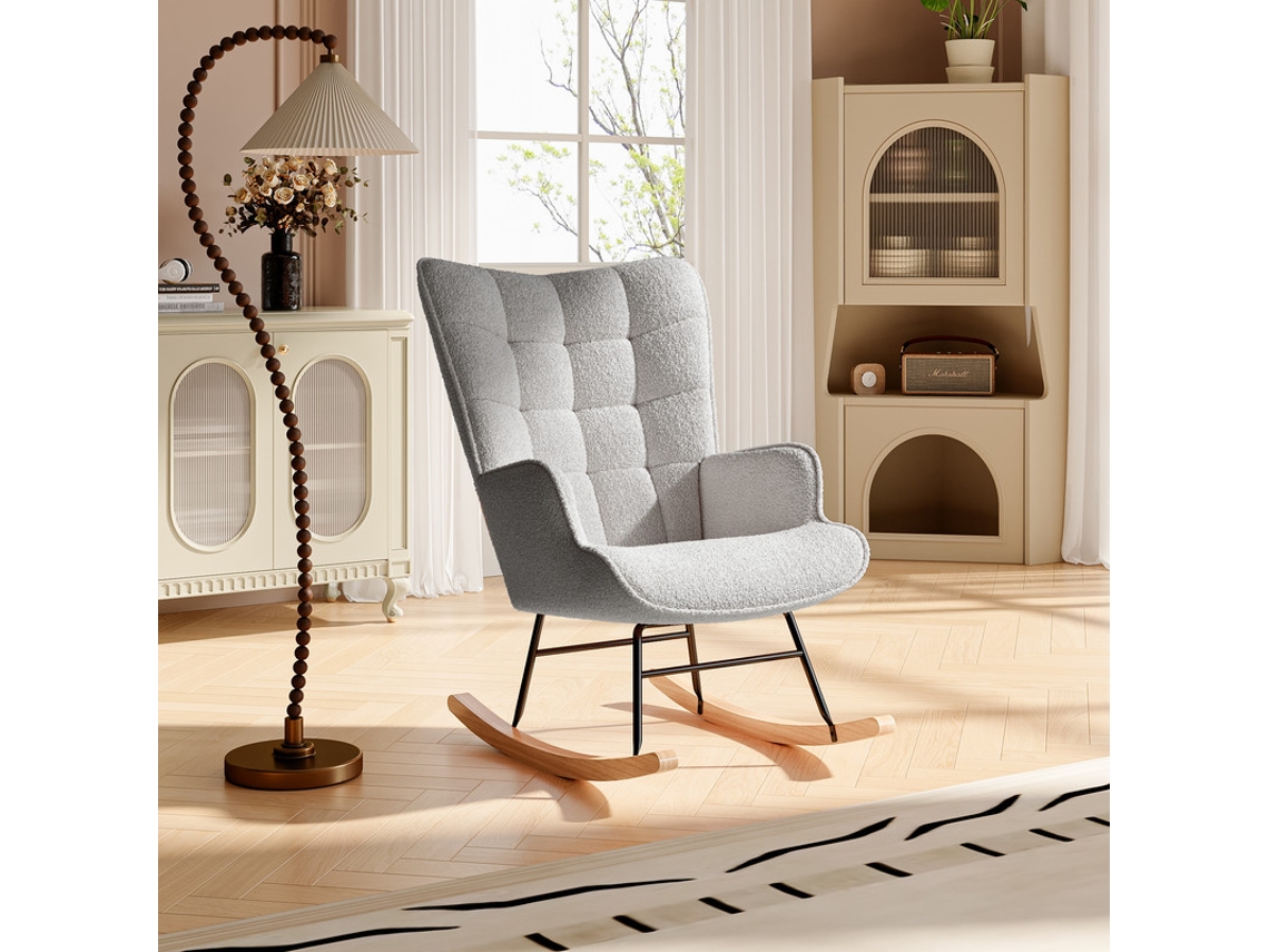 Sillón Mecedor De Felpa Teddy,estructura De Madera Y Metal,asiento Confortable,diseño Moderno Para Salón,dormitorio O Balcón,gris Claro