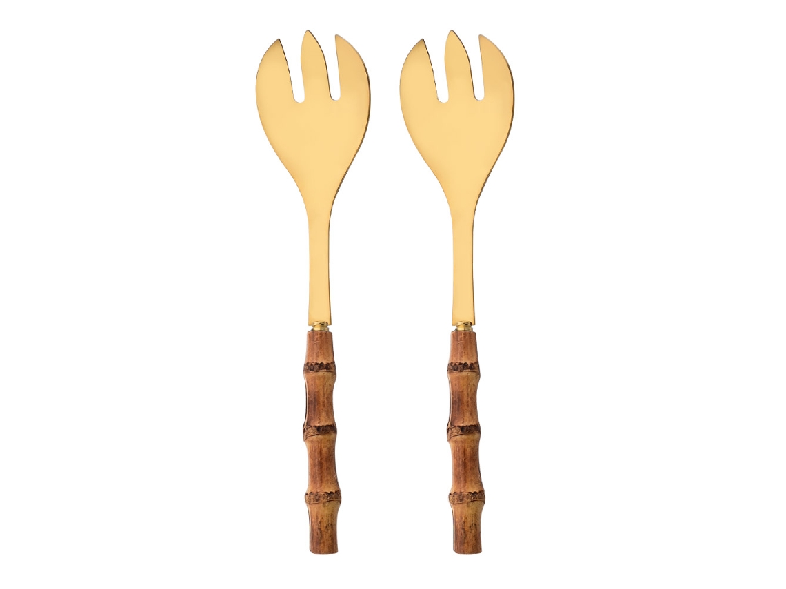 Conjunto de Talheres para Duas Pessoas , Feito de Aço Inoxidável 304, Madeira e Bambu. MDUG (2 Garfos Dourados)