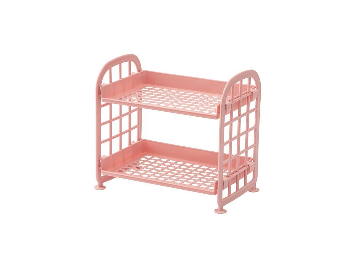 2026-41151-estantería Doble Capa Baño Organizador Maquillaje Abs Plegable Rosa 21.5x14x20.5cm
