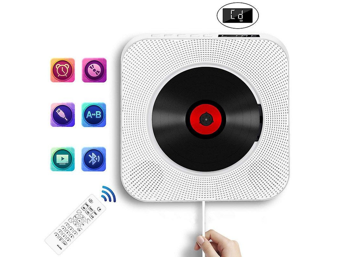 Reproductor de CD portátil Hi-Fi con Bluetooth, montaje en pared, FM, control remoto, USB, 3,5 mm, botón auxiliar, blanco, Yizhood
