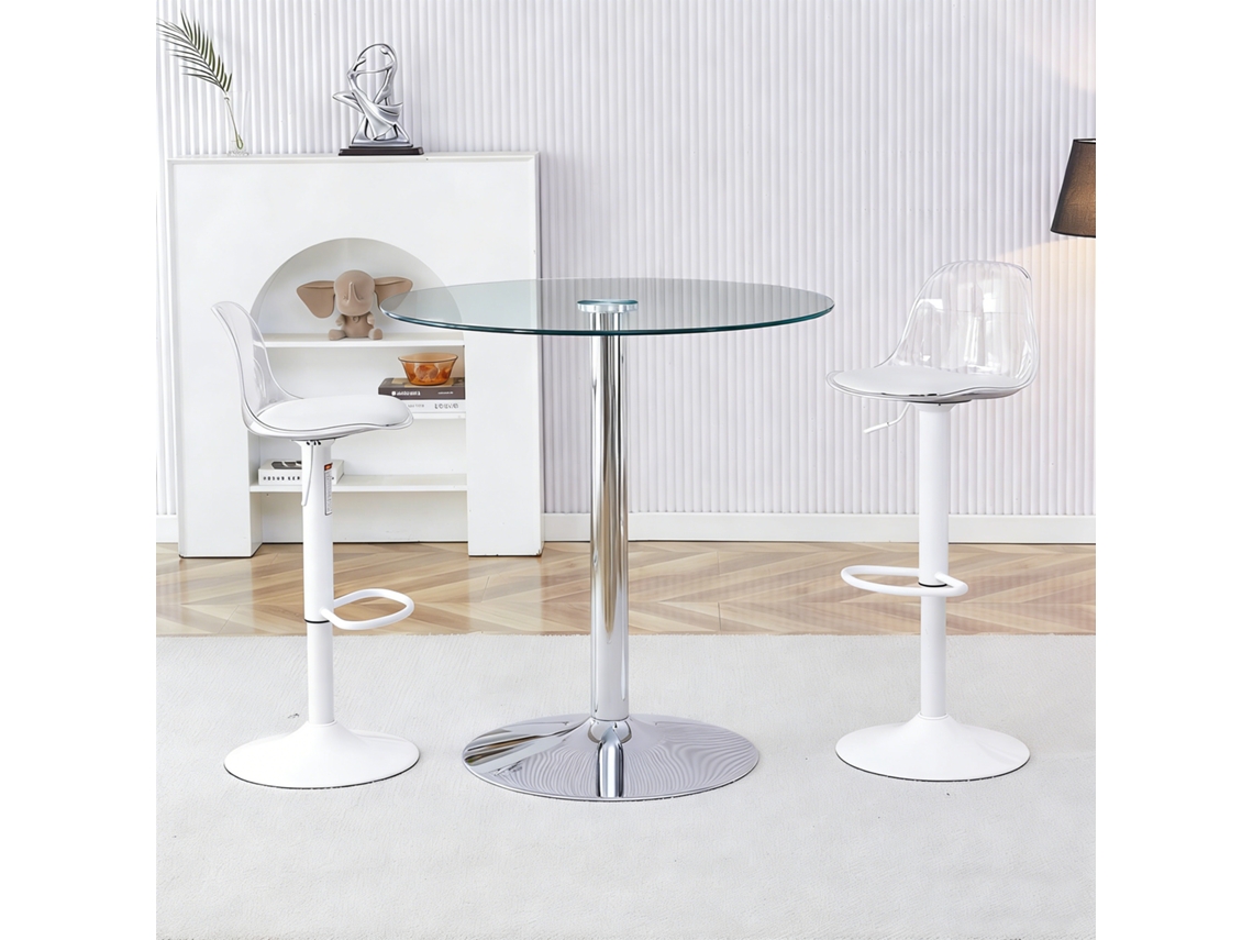 Mesa Bar Cristal 89cm 2 Taburetes Blancos Giratorios