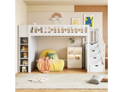 Cama 90x200 Cm Infantil Con Escalera De Almacenaje, Estantes, Armario Abatible, Espacio Libre Debajo, Blanco