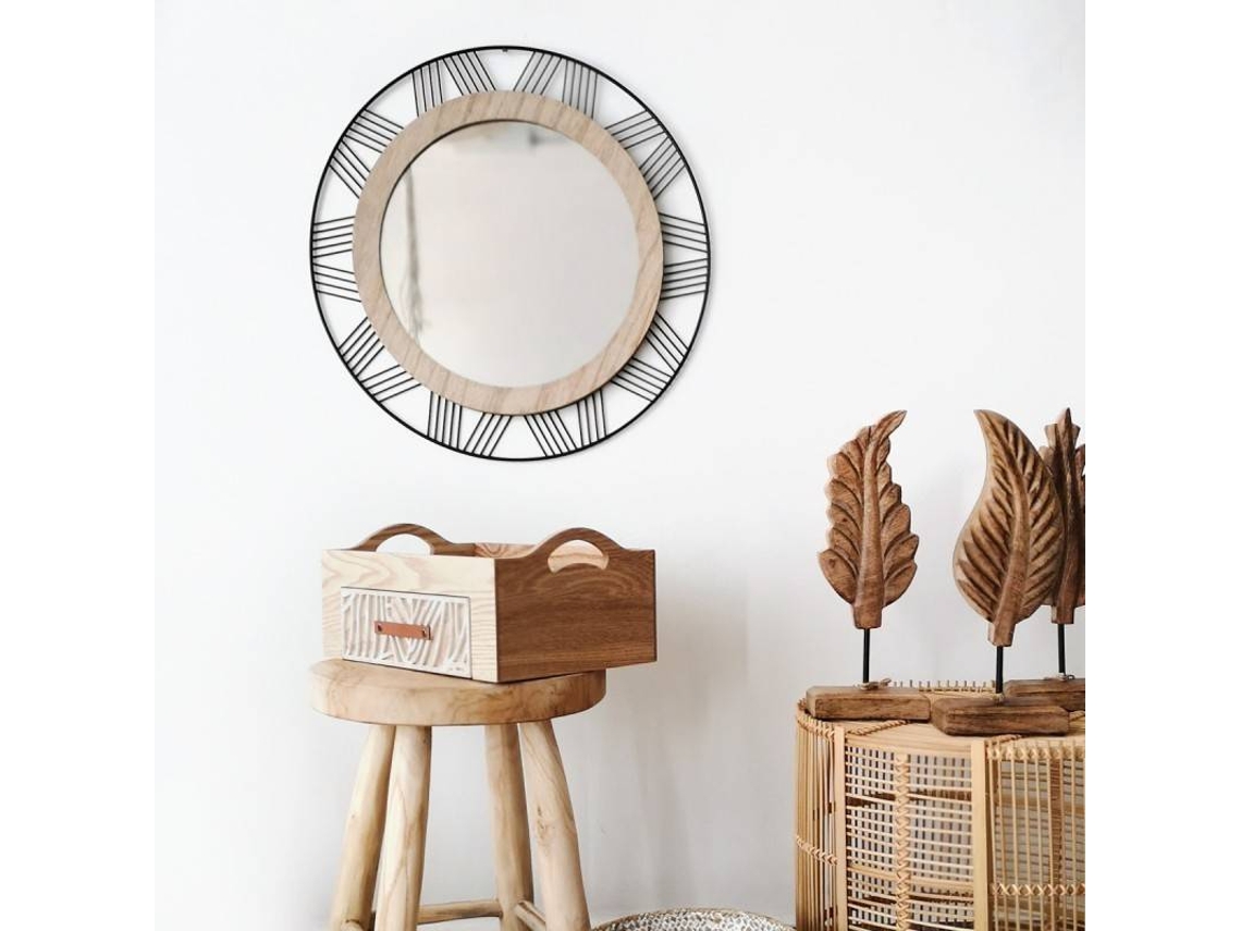 Espejo de pared Atmosphera Natural Redondo Metal Madera Ø 45 cm Negro
