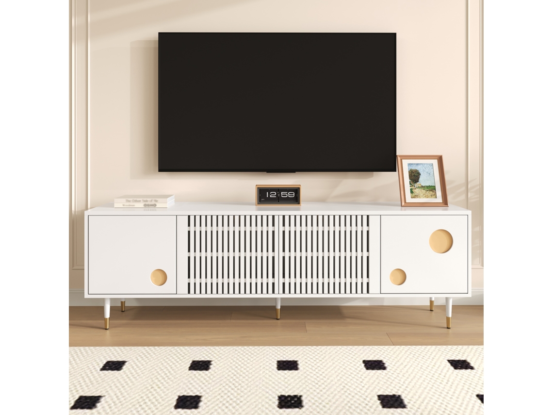 Mueble Para Tv, Puertas Con Rejilla, 170cm, Acabado Dorado, 2 Puertas De Madera Maciza, Patas Ajustables Doradas, Sistema Antivuelco