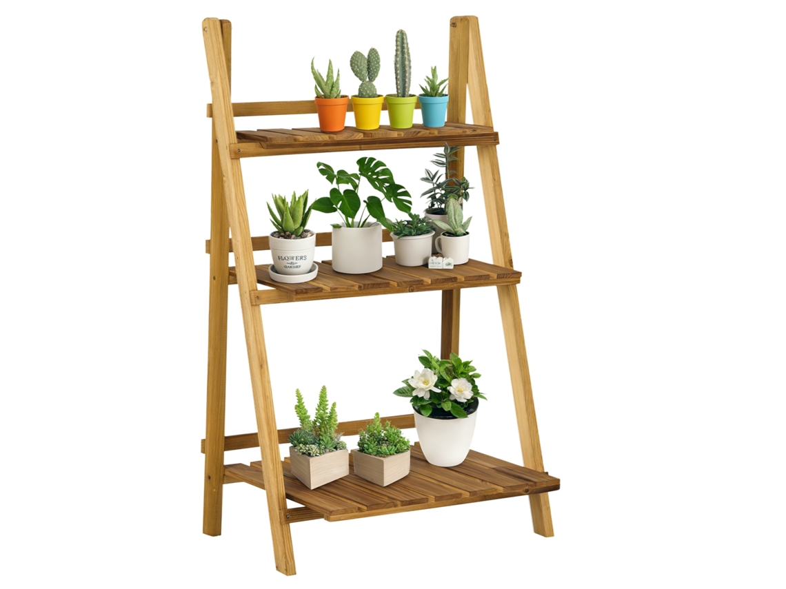 Soporte de madera para plantas, 3 niveles, plegable, 60x37x93 cm, acabado natural.