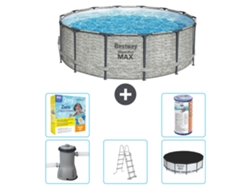 Piscina BESTWAY Round Steel Pro MAX - Estampado Piedra - 427 x 122 cm - Incluye Bomba - Escalera - Cobertor Paquete de mantenimiento - Filtrar