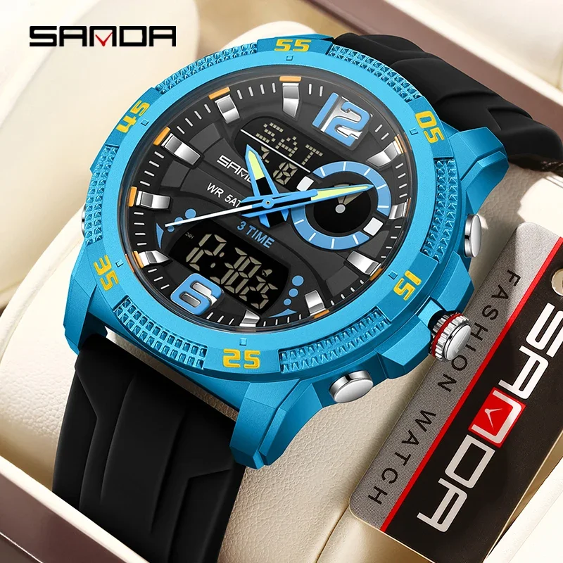 Elegante Reloj De Hombre Con Doble Pantalla Digital, Resistente Al Agua, Alarma Y Cronógrafo.