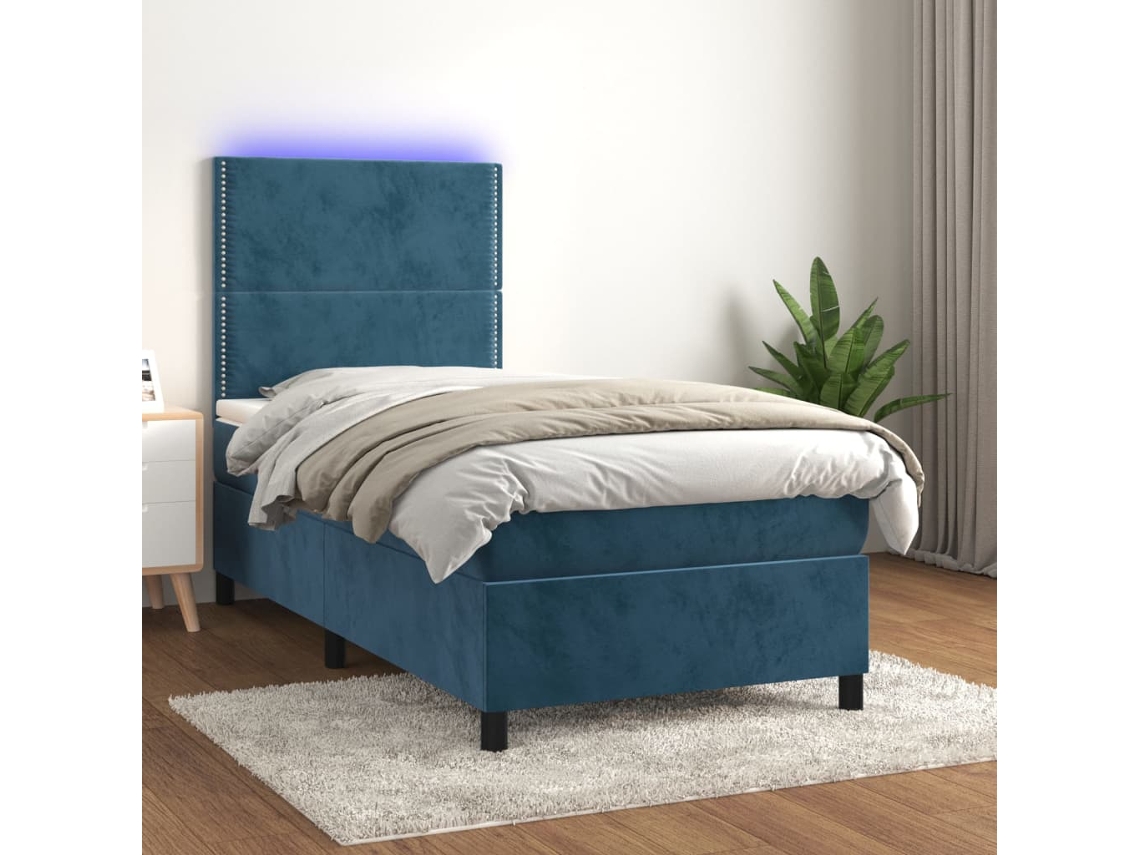 Cama Box Spring Colchón Y Led Terciopelo Azul Oscuro 90x200 Cm