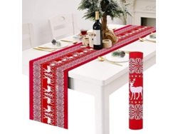 Camino De Mesa Navideño, Lino Rojo Con Diseño De Renos Blancos, Antiadherente, 28 X 270 Cm