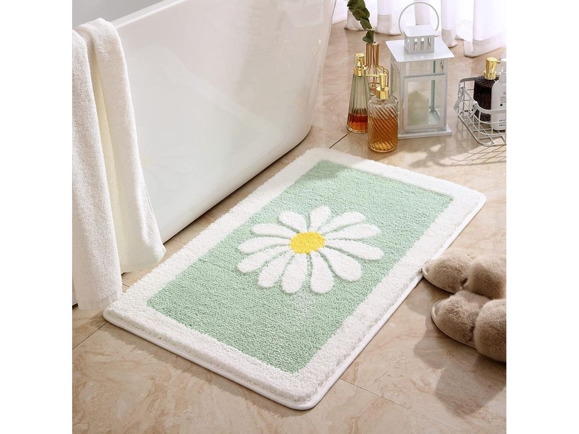 Alfombrilla De Baño Linjou Con Estampado De Flores Blancas, Fibra Superfina Suave, Antideslizante, Lavable A Máquina (azul Claro).