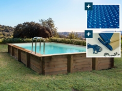 Piscina rectangular de madera "Tampa" - 7.20 x 4.20 x 1.44 m -  Cubierta de burbujas 400 µ - Cubierta de invierno 280 g/m²