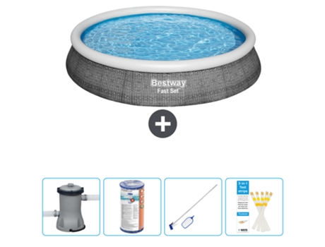 Piscina hinchable redonda Fast Set BESTWAY - Estampado ratán - 396 x 84 cm - Bomba incluida Filtrar - kit de limpieza - Tiras de prueba
