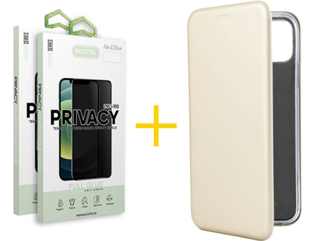 Carcasa + 2 Protectores de Vidrio Anti-Spy iPhone 13 Mini ACCETEL PRM Flip Cover Dorado