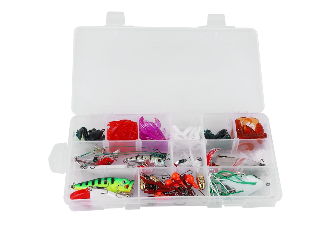 Kit De Señuelos De Pesca Con 100 Piezas, Señuelos Duros Y Blandos, Caja De Accesorios De Pesca