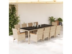 Juego de comedor de jardín de 11 piezas con cojines, mimbre PE/vidrio beige, Dkd Home Decor