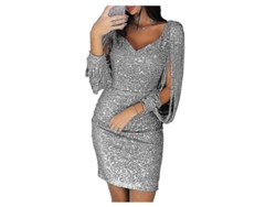 Vestido Corto De Lentejuelas Para Mujer Con Cuello V Profundo, Mangas Largas Con Tassel Y Largo Por Encima De La Rodilla Kjfxxxlsilver