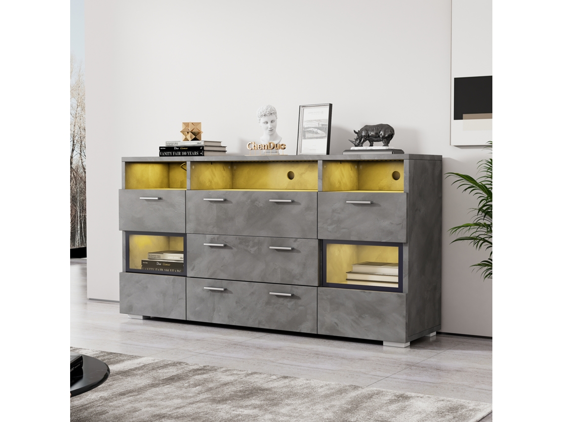 Armario moderno gris de 140 cm con iluminación LED, 2 puertas acrílicas, 3 cajones y compartimento abierto, aparador funcional para salón.