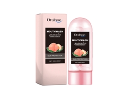 Gránulos de enjuague bucal Oralhoe con sabor a durazno para una limpieza dental refrescante.