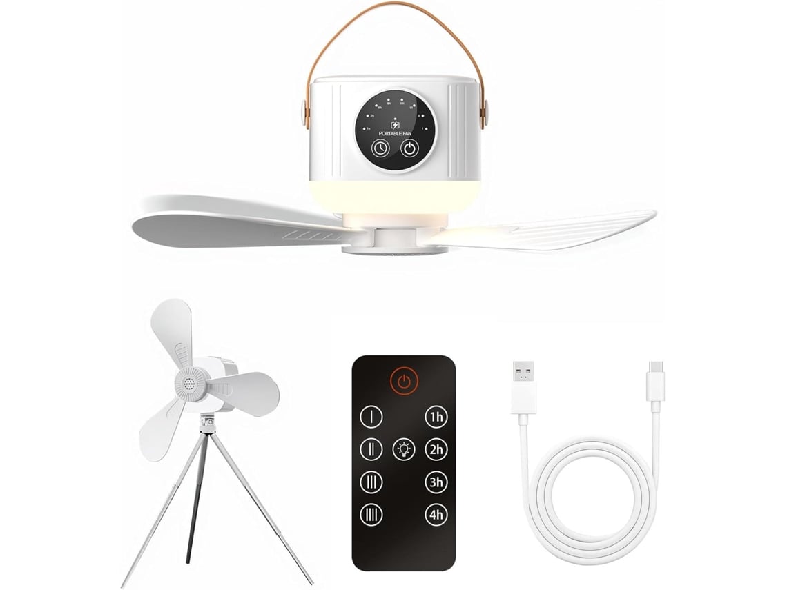 Ventilador De Camping Usb - Con Luz Led - Recargable - Con Mando A Distancia - Aspas Desmontables - Con Temporizador - Trípode