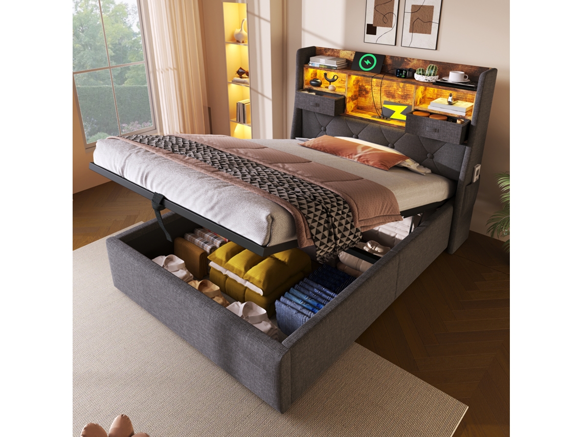 Cama Individual De 90x200 Cm, Color Gris, Con Cabecero Hidráulico Y Led.