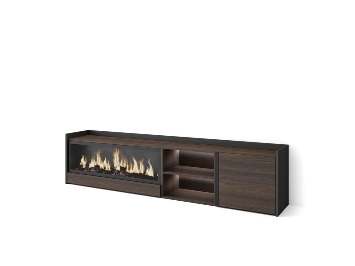 Mueble Tv, Televisión, 212x35x50cm, Para Tv Hasta 80", Chimenea Eléctrica Xxl, Led, Roble Oscuro Y Negro